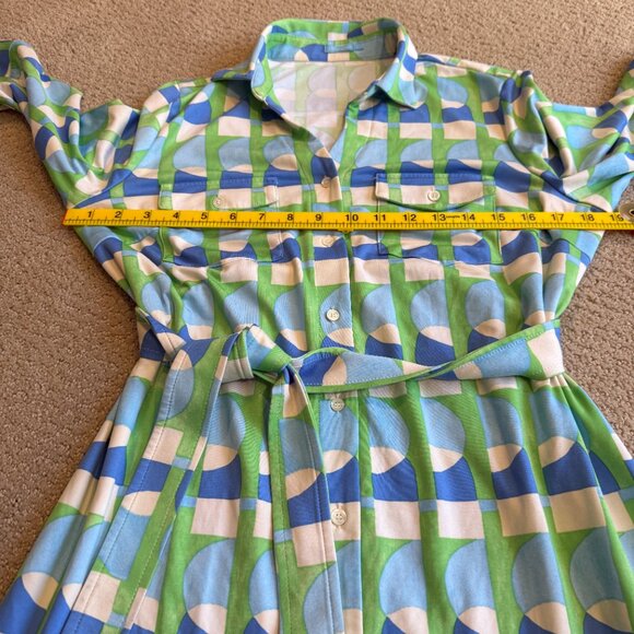J McLaughlin Brynn Shirt Dress Lyford Jersey Preppy Geometric Print Aqua LARGE - Picture 7 of 16